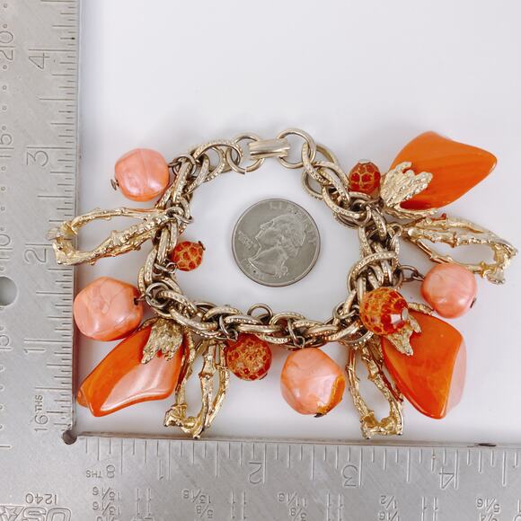 Vintage 1960s Gold Tone Orange Acrylic Charm Bracelet Abstract Mod Brutalist - Picture 9 of 9